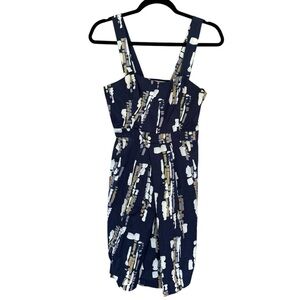 Abaete Navy and White Abstract Midi Pocket Dress with Adjustable Button Straps
